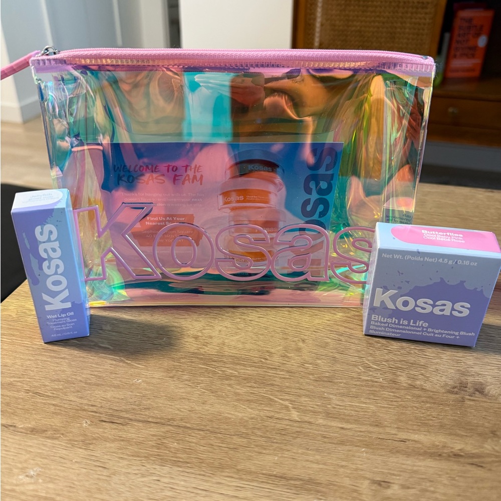 Kosas Iridescent Makeup Bag with Blush and Wet Lip Oil